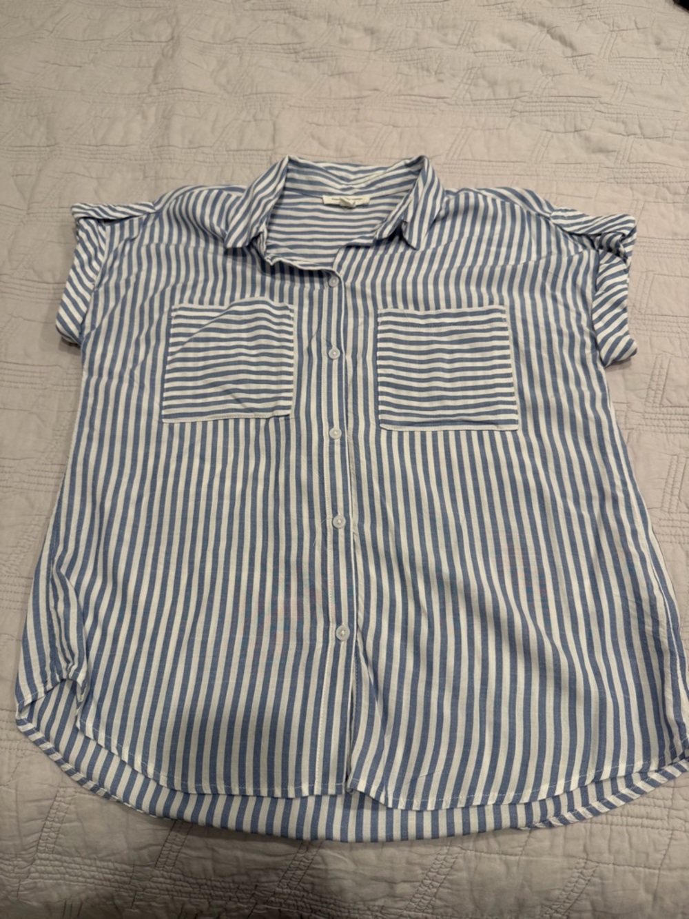 beachlunchlounge Blue & White Vertical Stripe Short Sleeve Button-Down Shirt